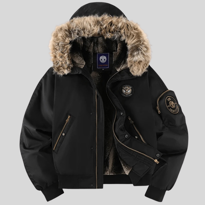 Durable men's winter bomber jacket with a plush faux-fur hood. Provides warmth and a modern casual look.