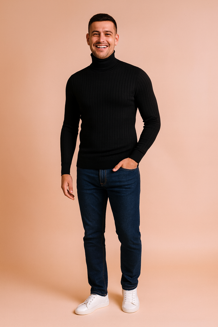 Men's warm ribbed turtleneck sweater. Stylish knitwear, perfect for winter fashion. Elegant slim fit.