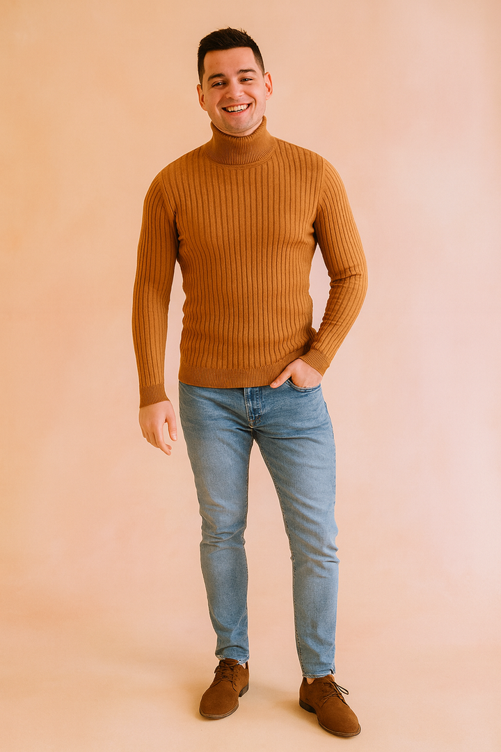Close-up of men's ribbed knit turtleneck sweater. Comfortable casual winter fashion, ideal for everyday wear.