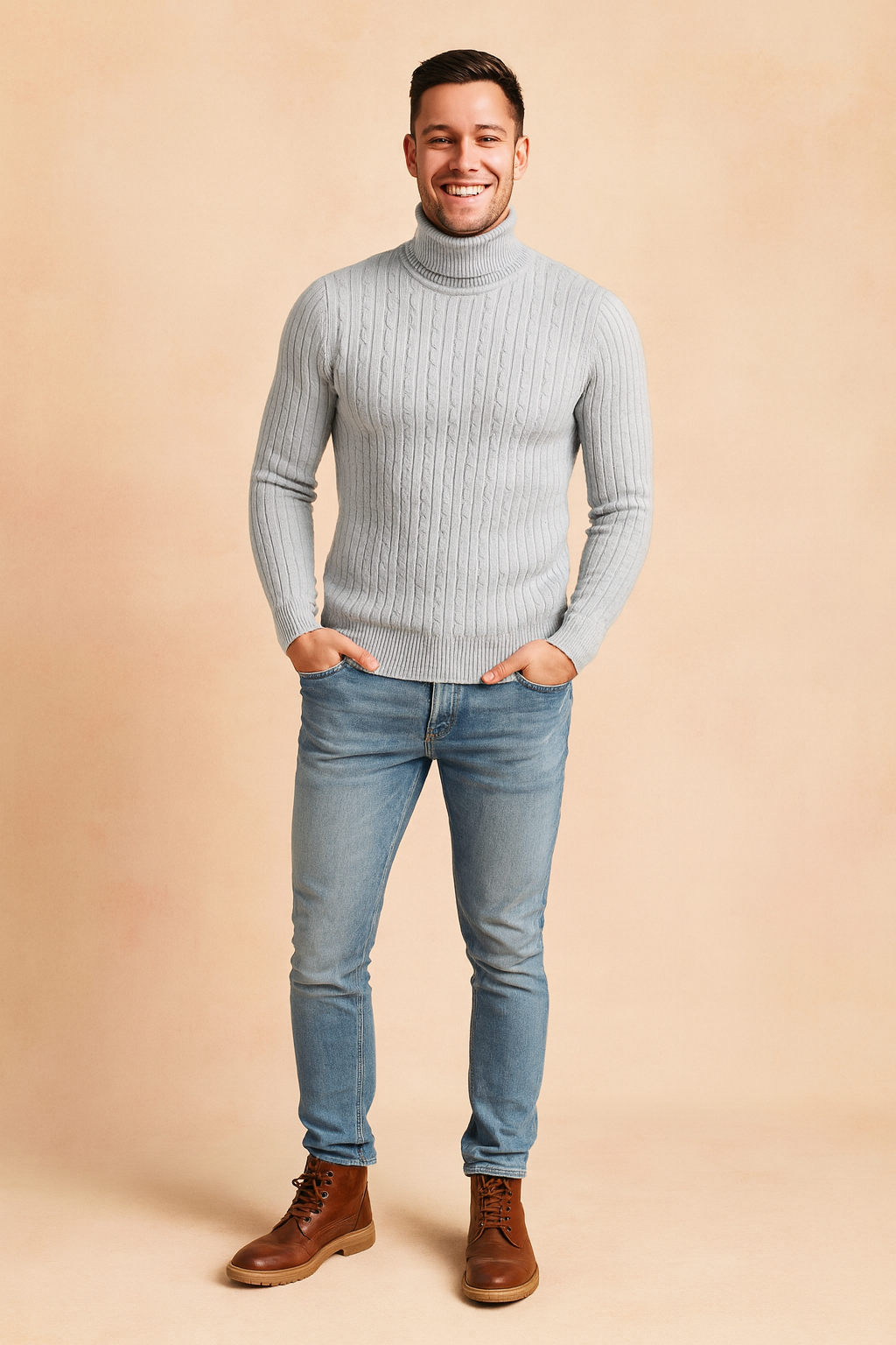 Elegant men's ribbed turtleneck sweater in a slim fit. Stylish knitwear for modern mens clothing trends.