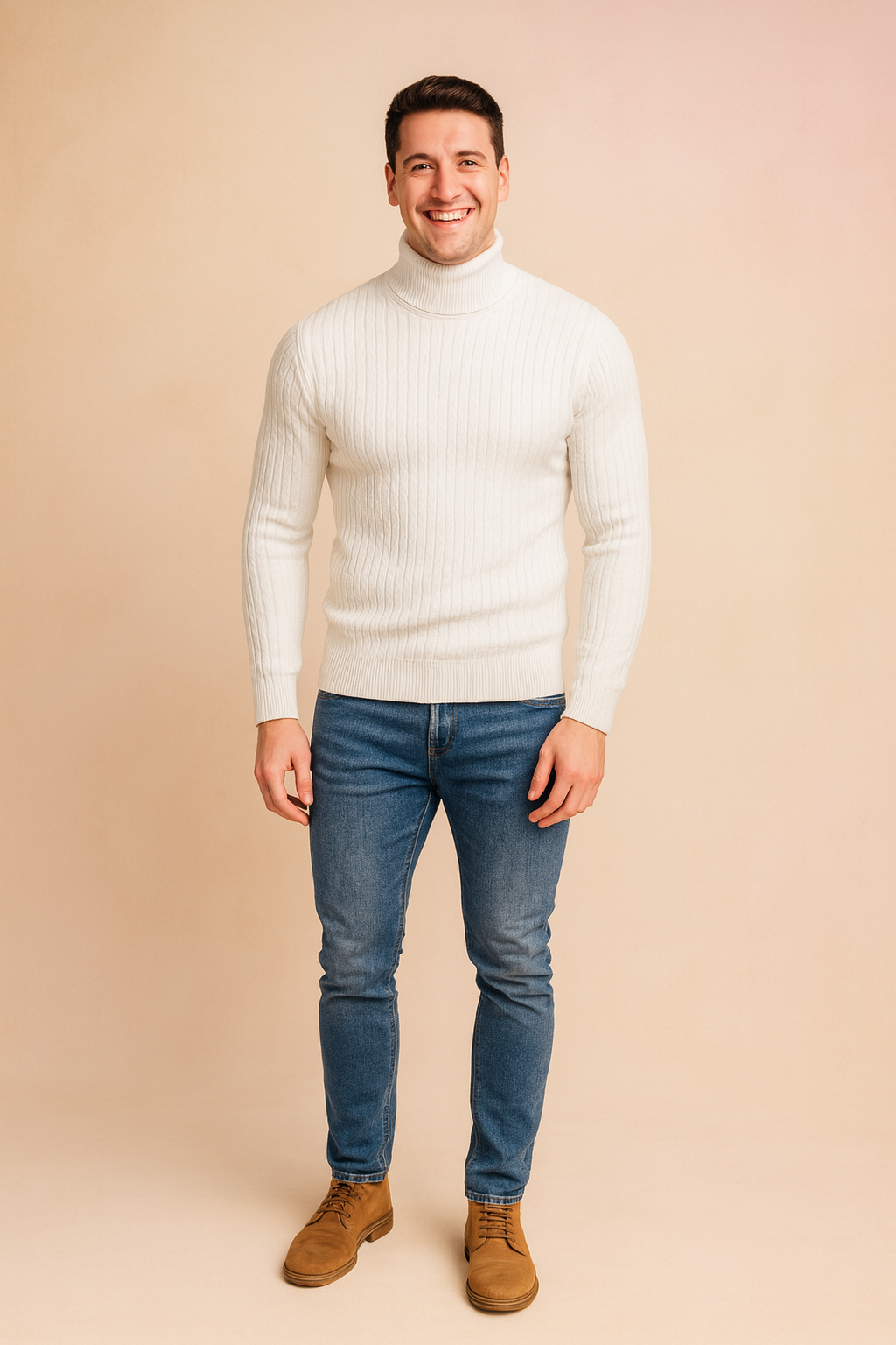 Versatile men's warm knit ribbed turtleneck sweater. Essential winter fashion for a stylish and comfortable look.