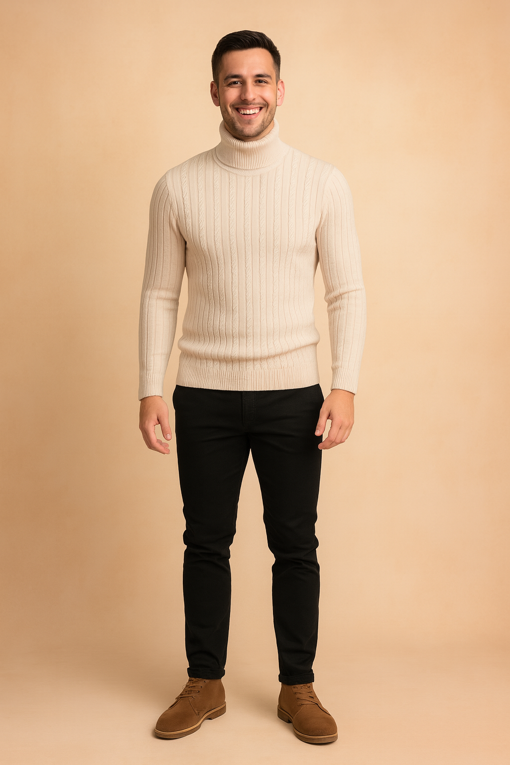 Soft ribbed knit men's turtleneck sweater, providing warmth and a smart casual look. Essential winter wear.