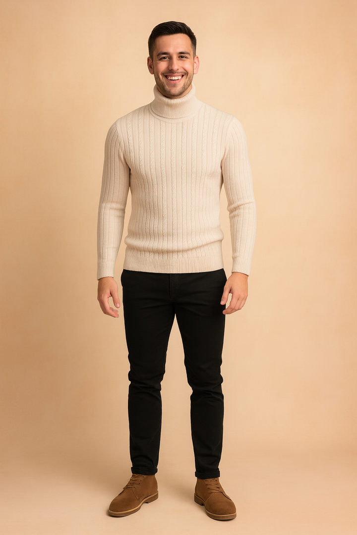 Soft ribbed knit men's turtleneck sweater, providing warmth and a smart casual look. Essential winter wear.