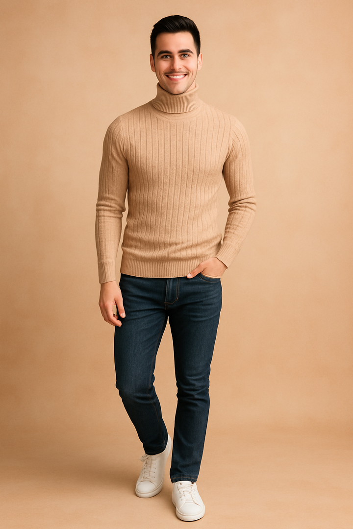 Full view of a men's stylish ribbed turtleneck sweater. Warm knitwear, a key piece for winter fashion and mens clothing.