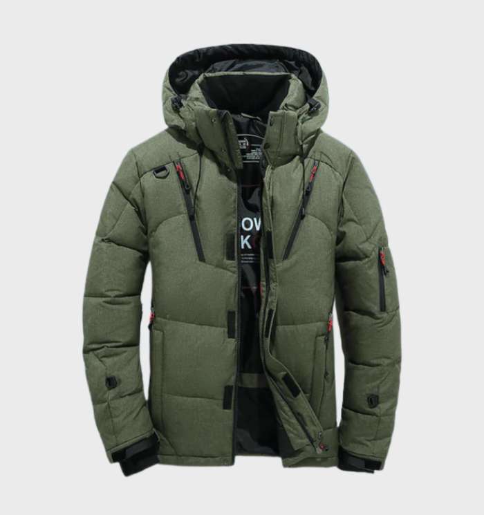 Men's warm waterproof windproof winter parka jacket for ultimate cold weather protection & outdoor wear.