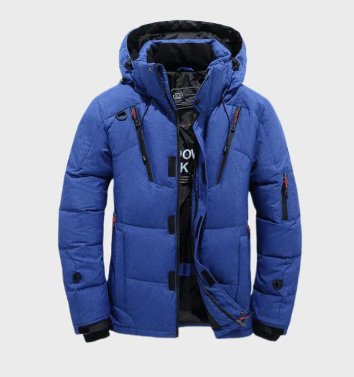 Stylish men's waterproof windproof winter parka jacket, insulated for warmth & durable outdoor wear.