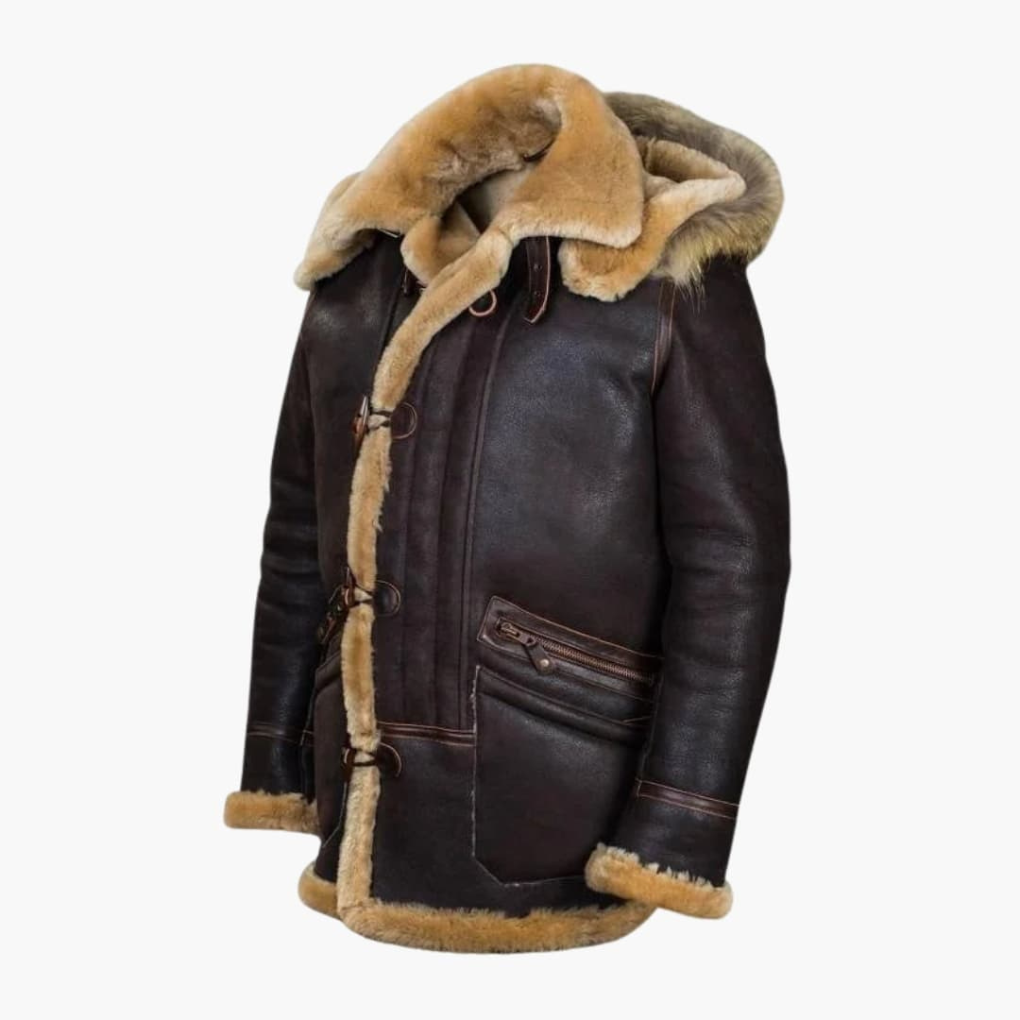 Men's warm winter jacket with cozy lined hood & toggle closure, perfect for urban cold weather fashion.