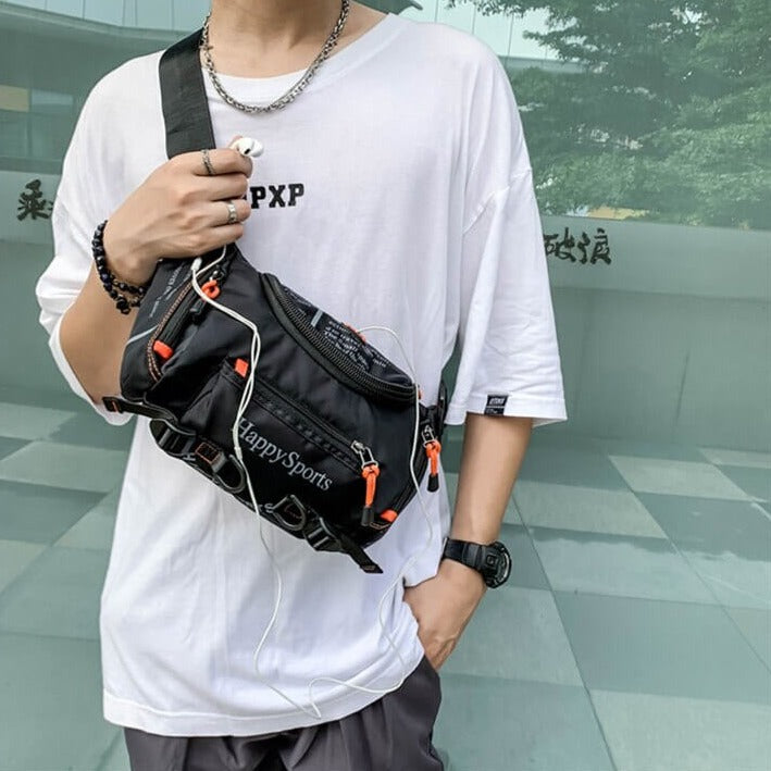 Rugged water-resistant outdoor bag for men, perfect as a sling or waist pack for adventures.