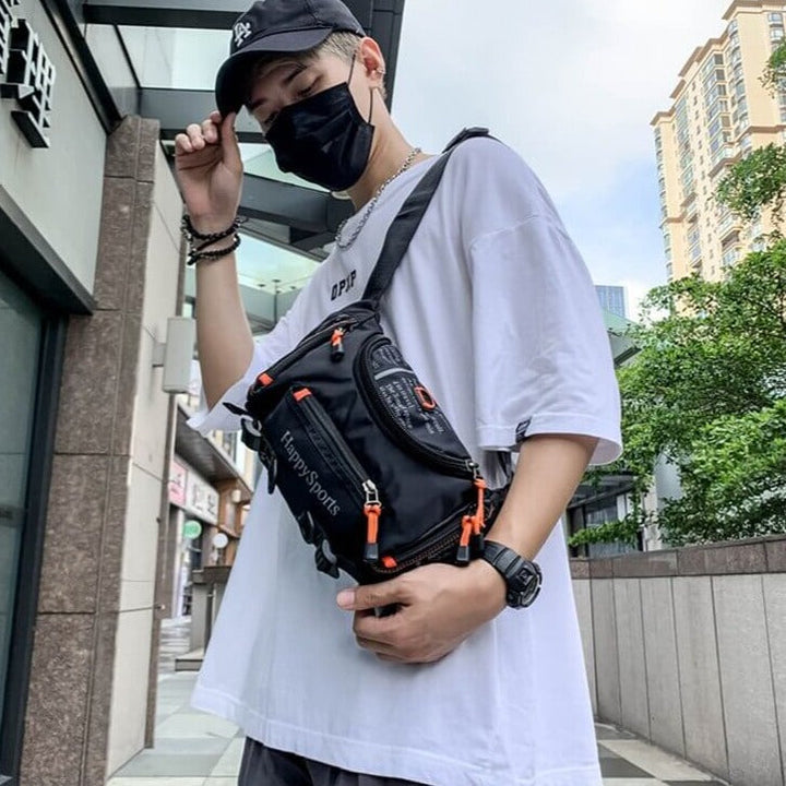 Men's water-resistant crossbody bag, multi-way use for urban commutes & outdoor travel.