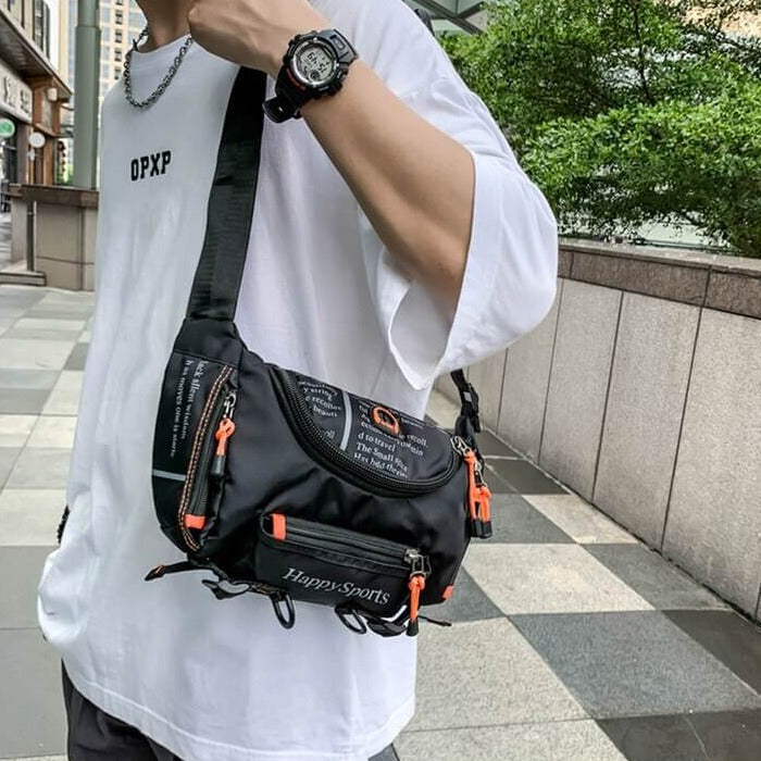 Men's water-resistant multi-way sling bag, designed for travel, outdoor recreation & everyday carry.