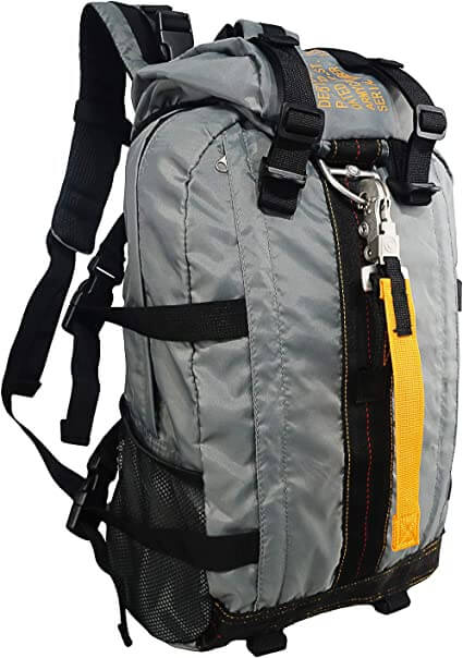 Close-up of a men's water-resistant tactical backpack showing durable fabric and secure buckles for outdoor use.