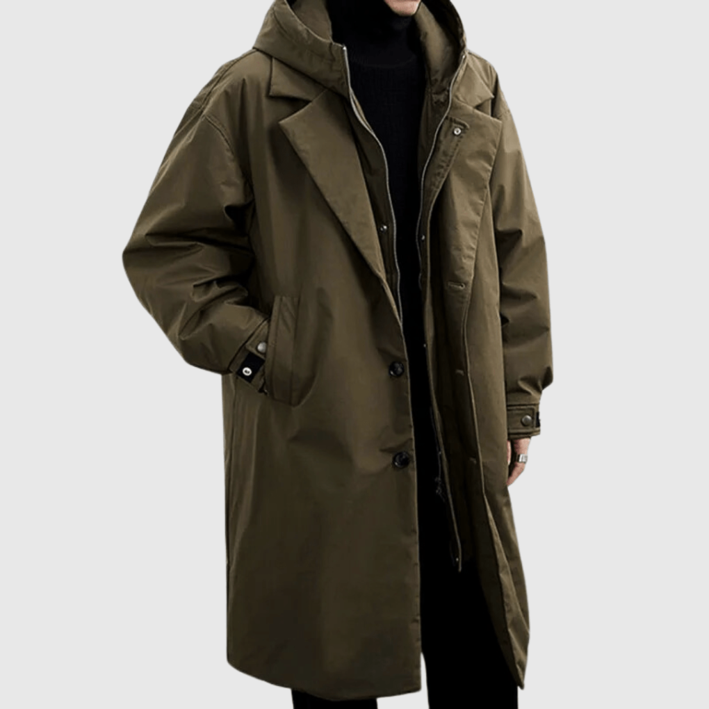 Men's waterproof rain jacket with adjustable hood, ideal for outdoor weather protection, commuting, and travel.