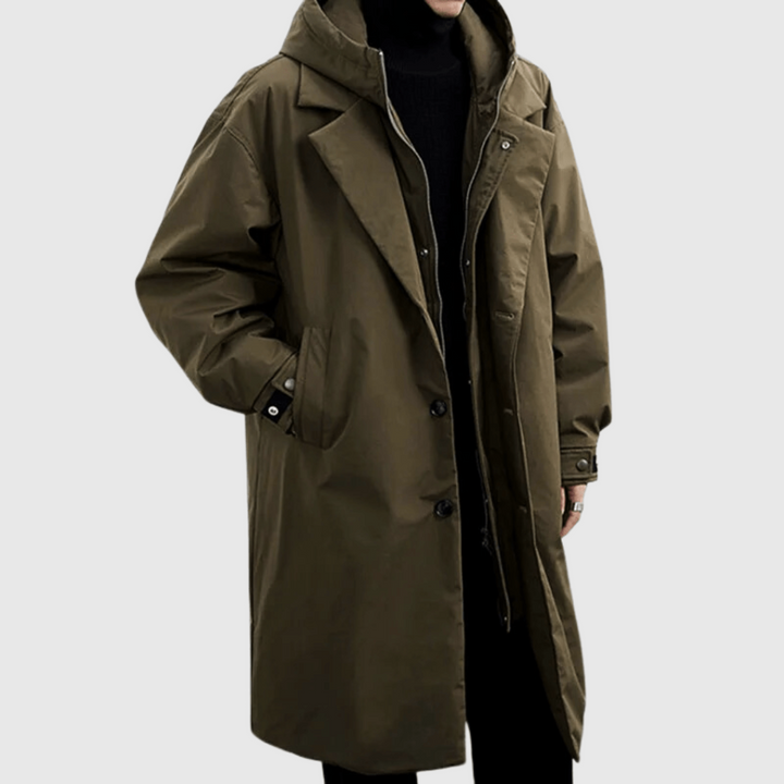 Men's waterproof rain jacket with adjustable hood, ideal for outdoor weather protection, commuting, and travel.