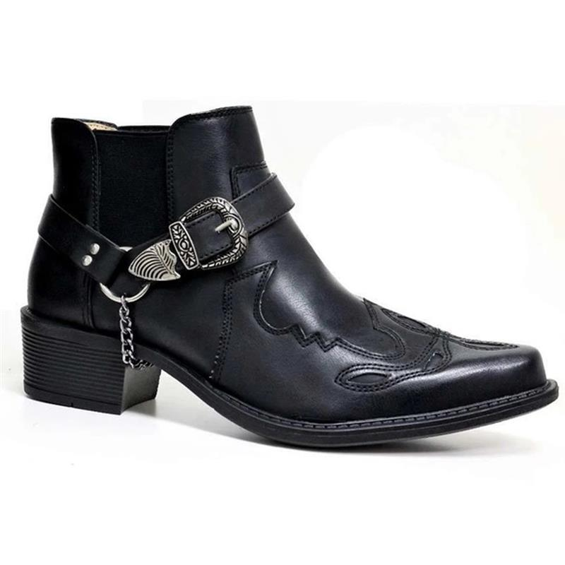 Men's western cowboy ankle boots with a pointed toe and stylish buckle strap.
