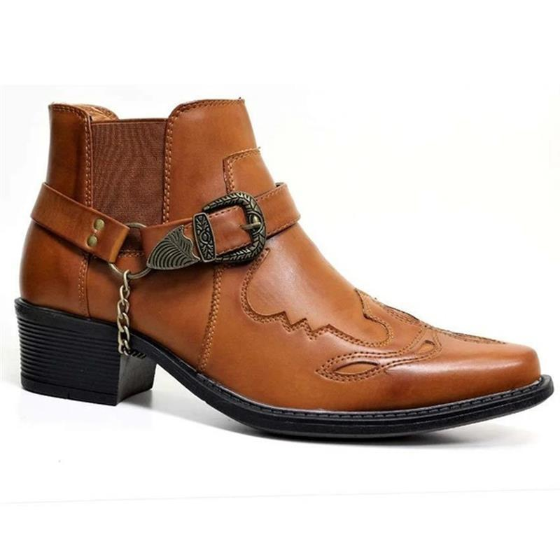 Casual men's fashion cowboy boots, ankle cut, featuring a unique buckle strap and pointed toe design.