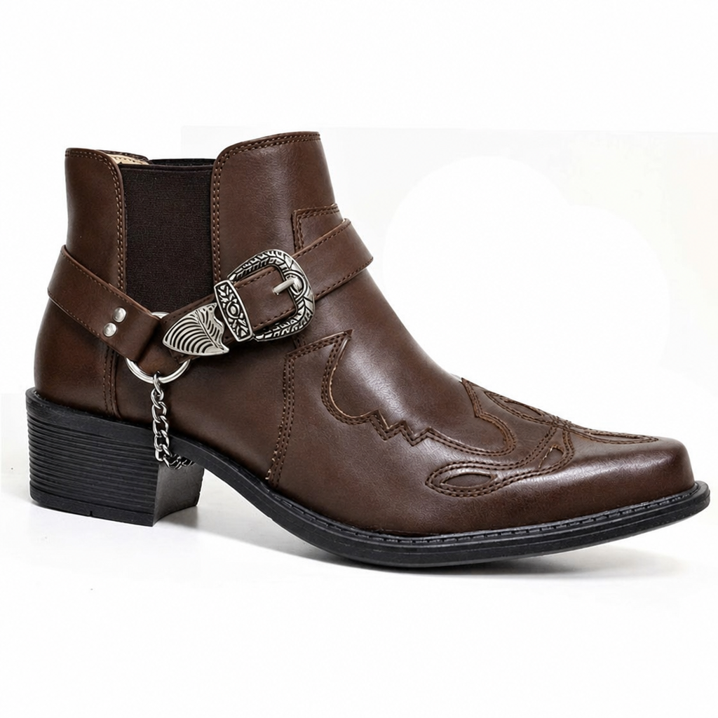 Stylish men's pull-on ankle cowboy boots, perfect for smart casual wear, with a pointed toe & buckle accent.