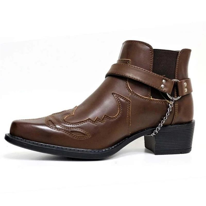 Timeless men's western ankle boots, featuring a sleek pointed toe and decorative buckle strap. Versatile footwear.