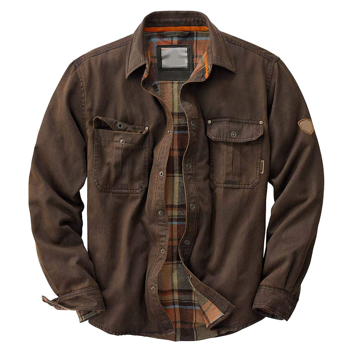 Men's all-season waxed trucker jacket, waxed cotton, classic style, structured seams, durable outerwear, rugged sophisticatio