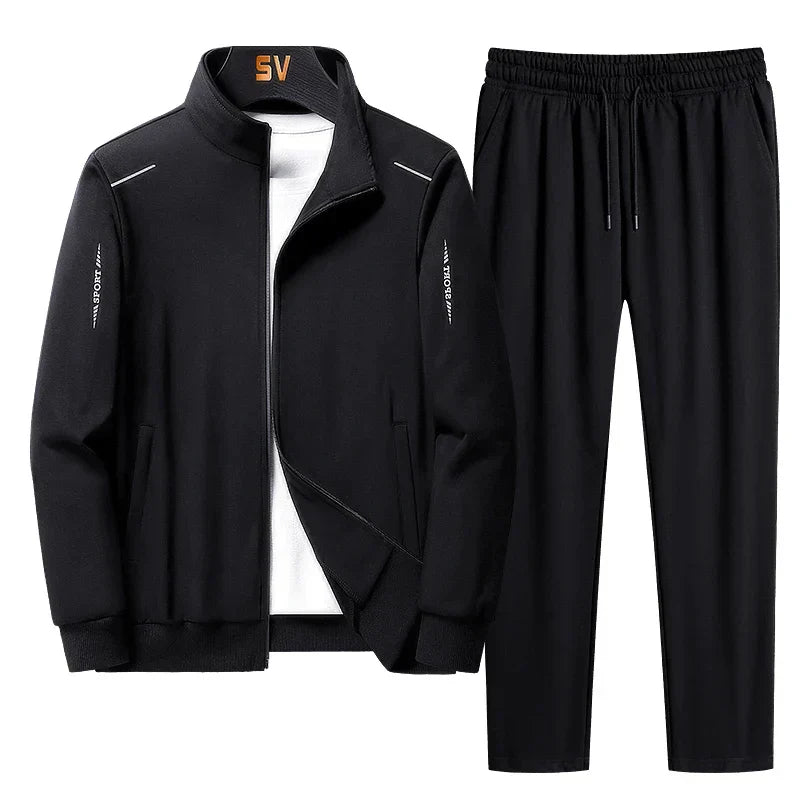 Men's athletic tracksuit set with zip-up jacket and joggers, black design, perfect for workouts and casual outings.