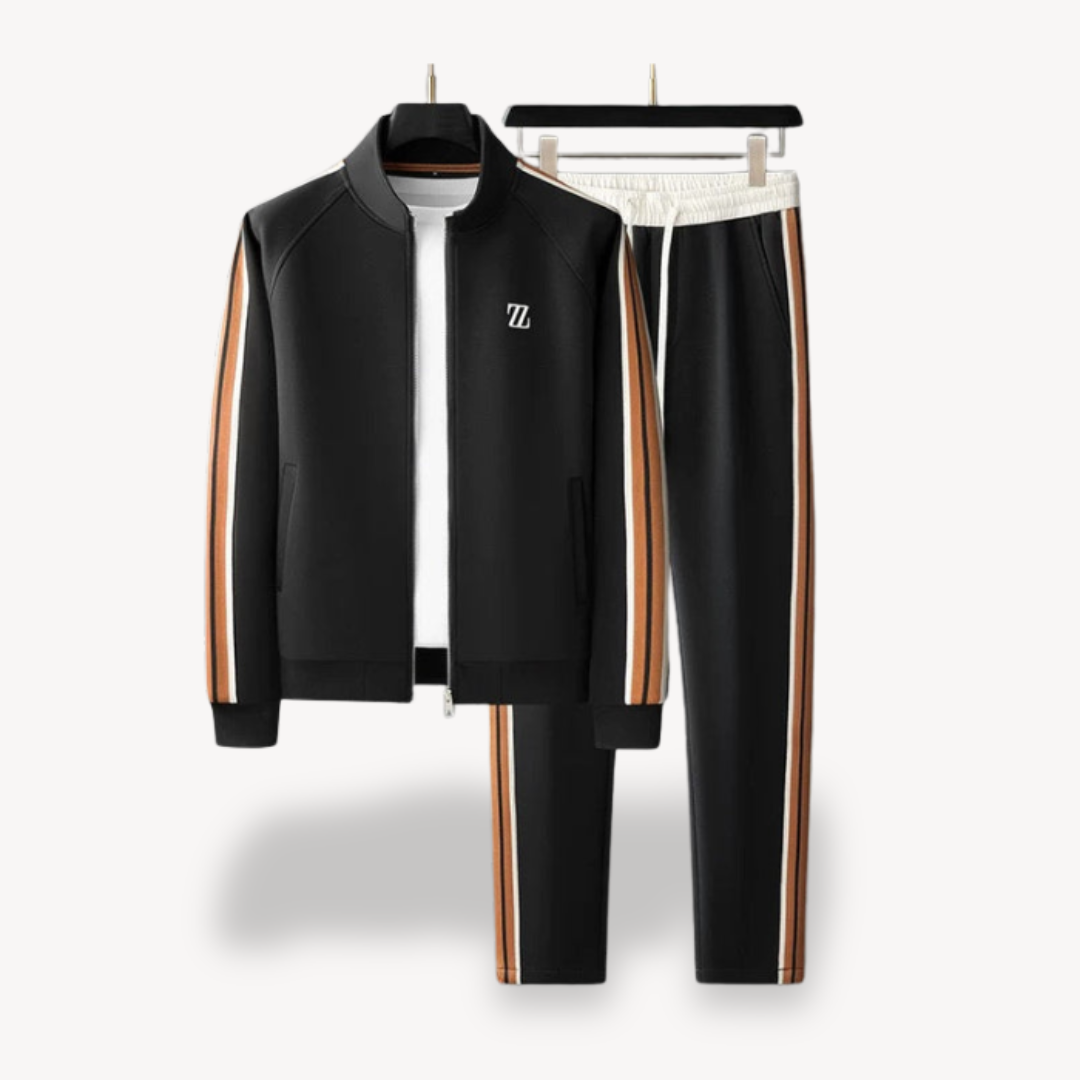 Men's beige tracksuit set with contrast stripes, featuring a slim fit, ribbed cuffs, and elastic waist, perfect for casual st