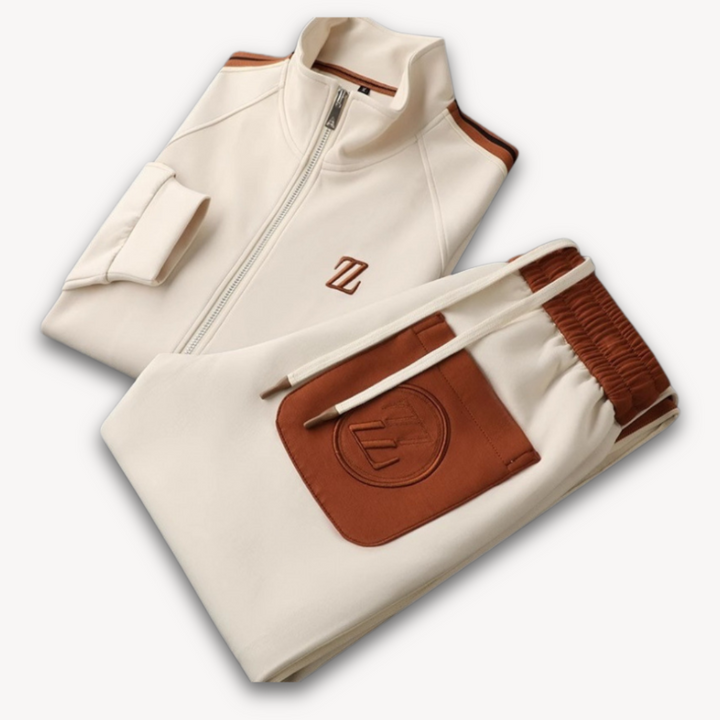 Men's beige tracksuit set with contrast stripes, featuring a slim fit, ribbed cuffs, and elastic waist, perfect for casual st