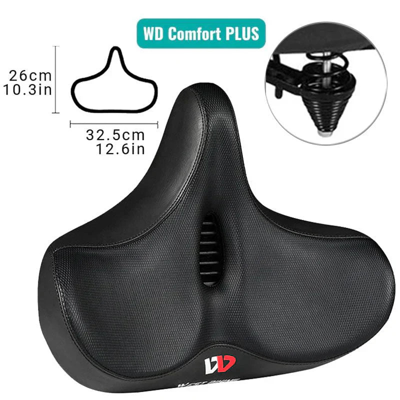 "Men's bike saddle with wide seat, ergonomic design, memory foam padding, black synthetic leather, and universal fit compatib