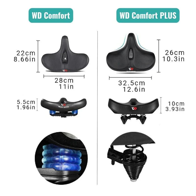 "Men's bike saddle with wide seat, ergonomic design, memory foam padding, black synthetic leather, and universal fit compatib