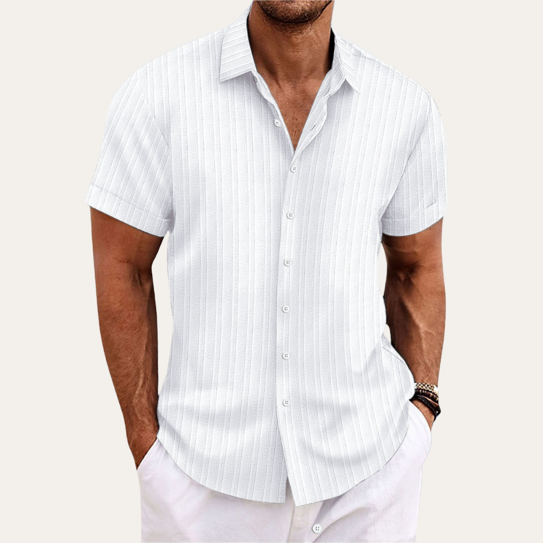 Men's blue striped cotton short-sleeve shirt, featuring a classic fit and Kent collar for a stylish, casual look.
