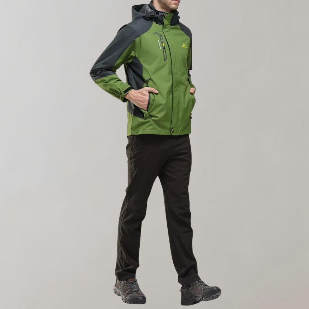 "Men's blue waterproof wind jacket for all seasons, sleek tailored fit, suitable for outdoor adventures and casual wear."
