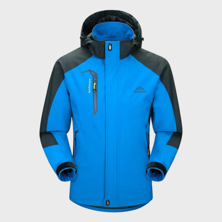 "Men's blue waterproof wind jacket for all seasons, sleek tailored fit, suitable for outdoor adventures and casual wear."