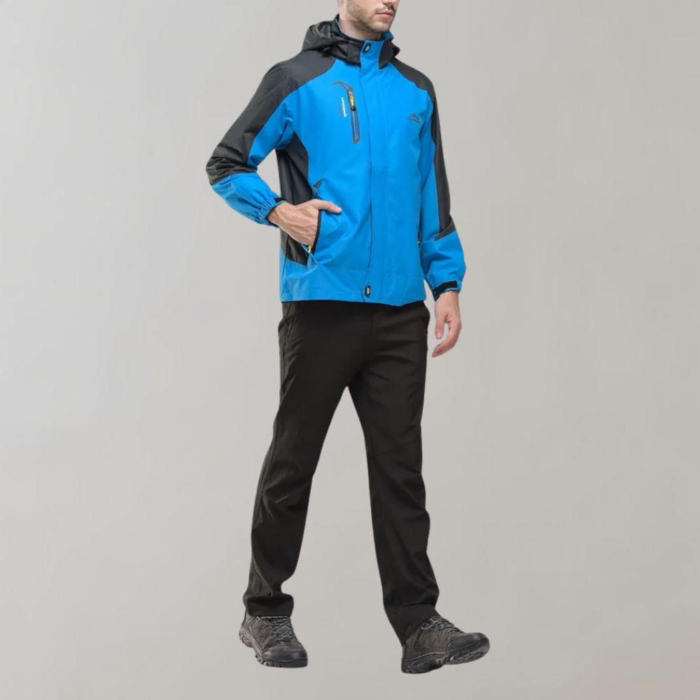 "Men's blue waterproof wind jacket for all seasons, sleek tailored fit, suitable for outdoor adventures and casual wear."