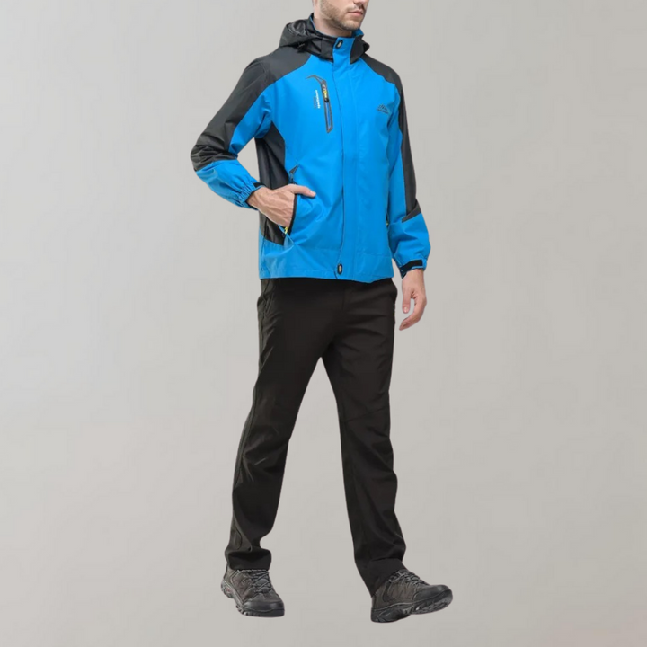 "Men's blue waterproof wind jacket for all seasons, sleek tailored fit, suitable for outdoor adventures and casual wear."