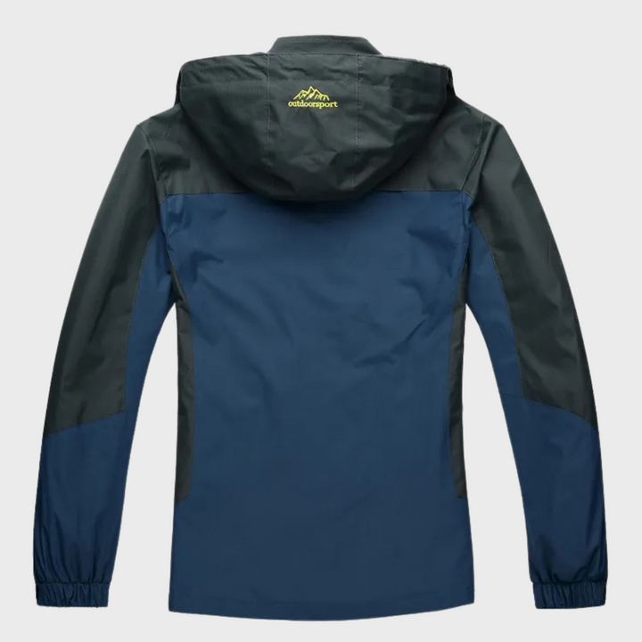 "Men's blue waterproof wind jacket for all seasons, sleek tailored fit, suitable for outdoor adventures and casual wear."