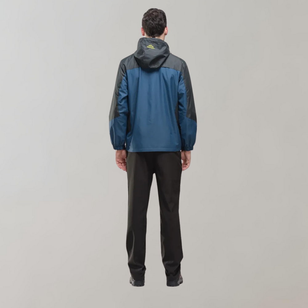 "Men's blue waterproof wind jacket for all seasons, sleek tailored fit, suitable for outdoor adventures and casual wear."