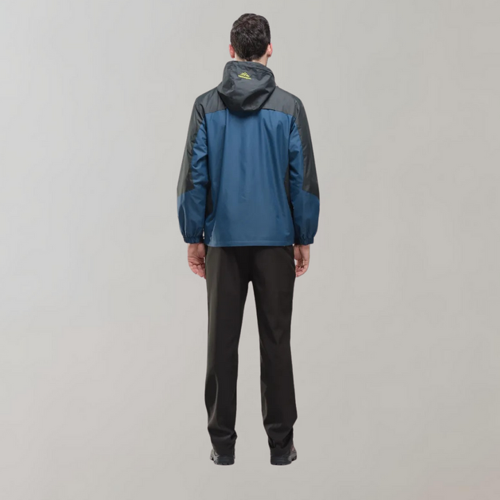 "Men's blue waterproof wind jacket for all seasons, sleek tailored fit, suitable for outdoor adventures and casual wear."