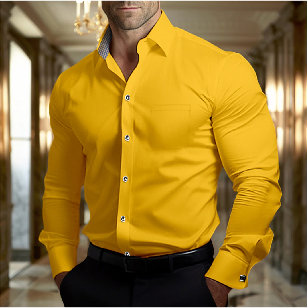 Men's breathable cotton dress shirt in classic style with sleek fit, showcasing premium fabric for elegance and comfort.