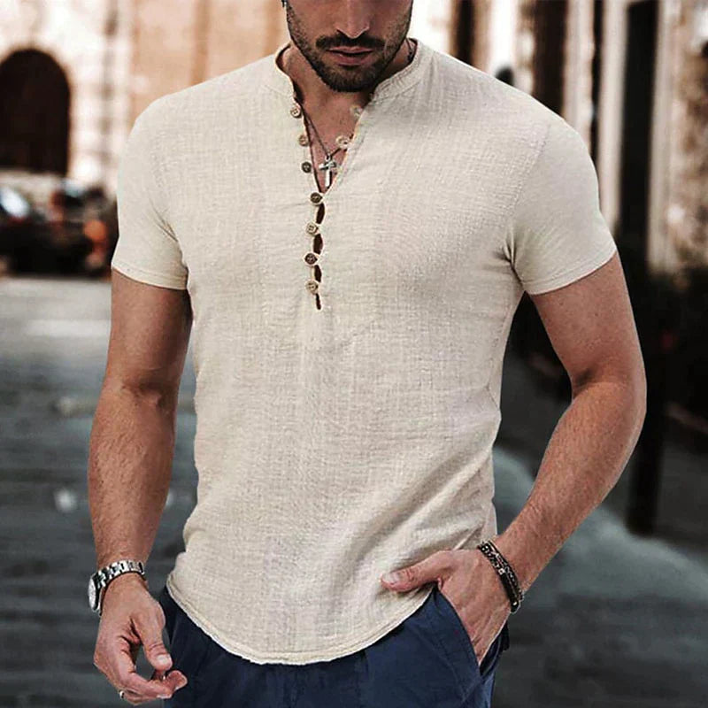 "Men's breathable linen Henley shirt, short sleeves, structured neckline, urban style, tailored fit, casual elegance."