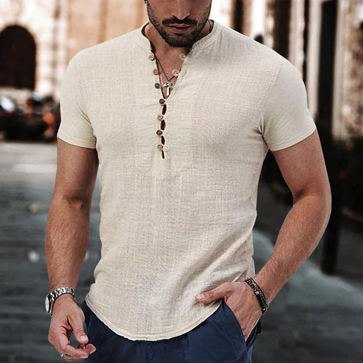 "Men's breathable linen Henley shirt, short sleeves, structured neckline, urban style, tailored fit, casual elegance."