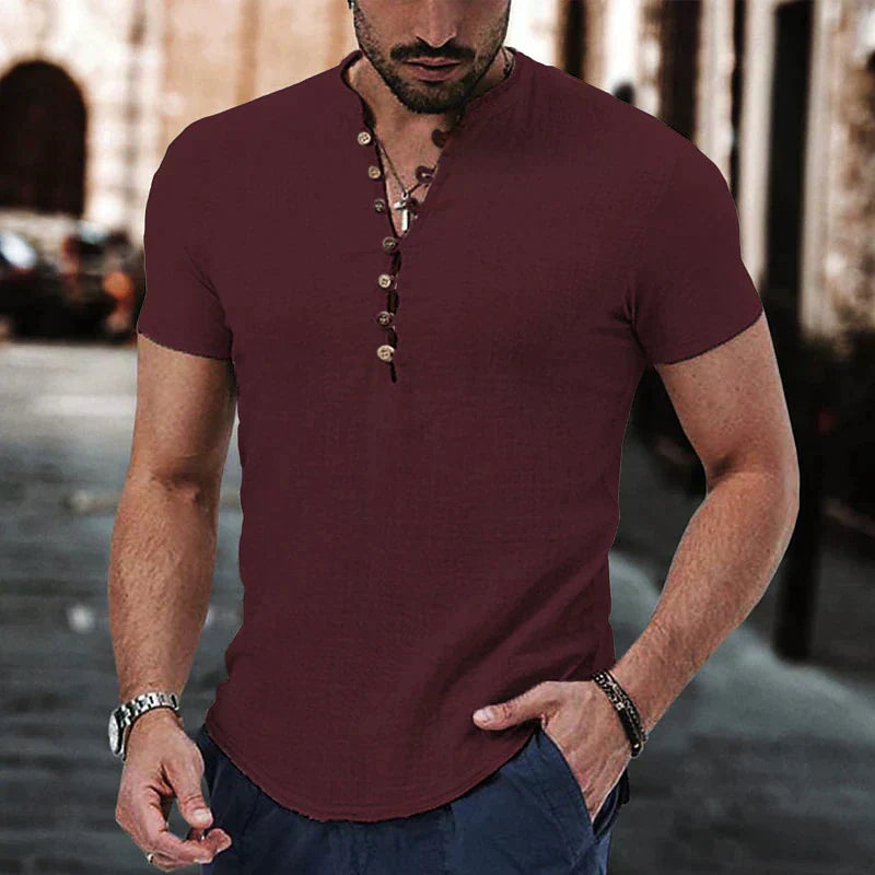 "Men's breathable linen Henley shirt, short sleeves, structured neckline, urban style, tailored fit, casual elegance."