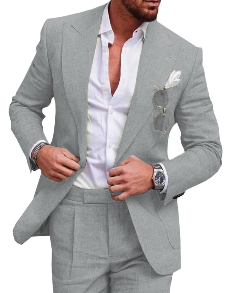 "Men's breathable linen wedding suit 2-piece set, elegant notched lapel, single-breasted design ideal for formal events."