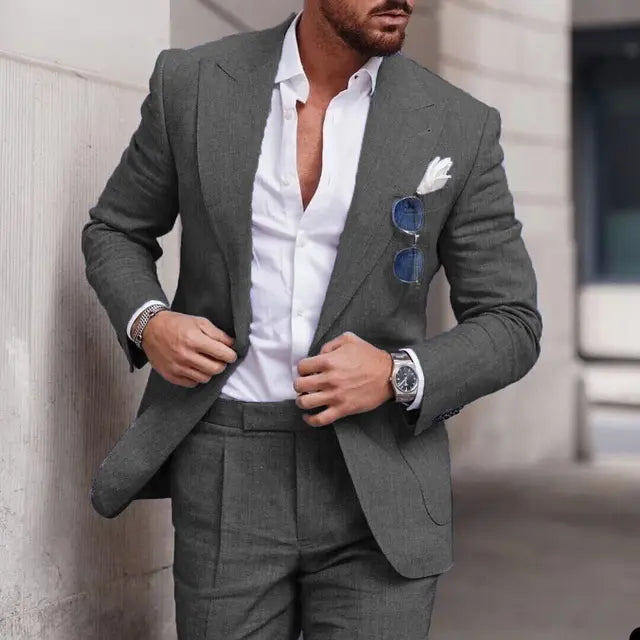 "Men's breathable linen wedding suit 2-piece set, elegant notched lapel, single-breasted design ideal for formal events."