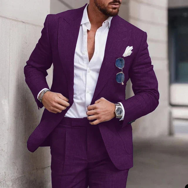 "Men's breathable linen wedding suit 2-piece set, elegant notched lapel, single-breasted design ideal for formal events."