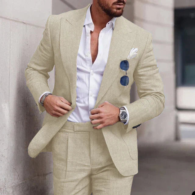 "Men's breathable linen wedding suit 2-piece set, elegant notched lapel, single-breasted design ideal for formal events."
