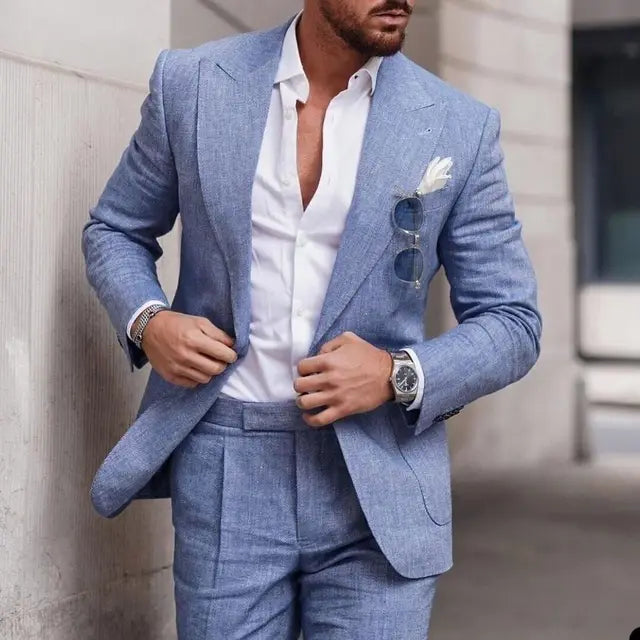 "Men's breathable linen wedding suit 2-piece set, elegant notched lapel, single-breasted design ideal for formal events."