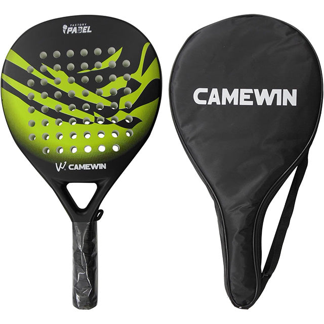 Men's carbon fibre paddle tennis racket with diamond shape, ergonomic grip, and bag; ideal for power and precision.