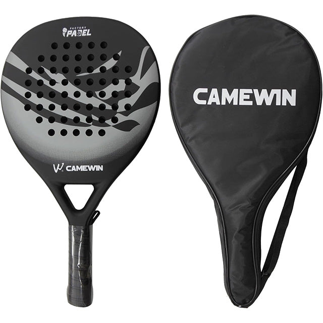 Men's carbon fibre paddle tennis racket with diamond shape, ergonomic grip, and bag; ideal for power and precision.
