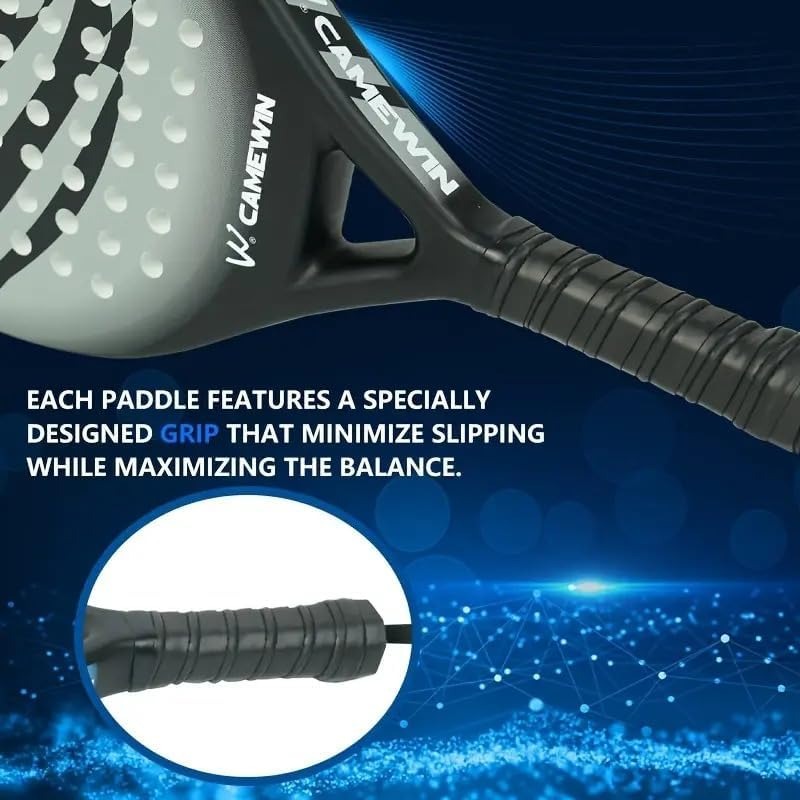 Men's carbon fibre paddle tennis racket with diamond shape, ergonomic grip, and bag; ideal for power and precision.