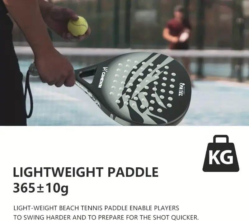 Men's carbon fibre paddle tennis racket with diamond shape, ergonomic grip, and bag; ideal for power and precision.
