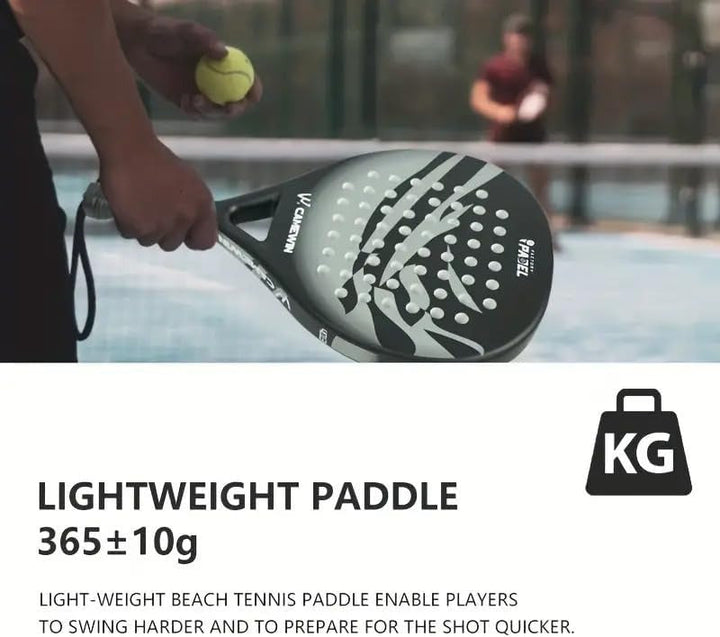 Men's carbon fibre paddle tennis racket with diamond shape, ergonomic grip, and bag; ideal for power and precision.