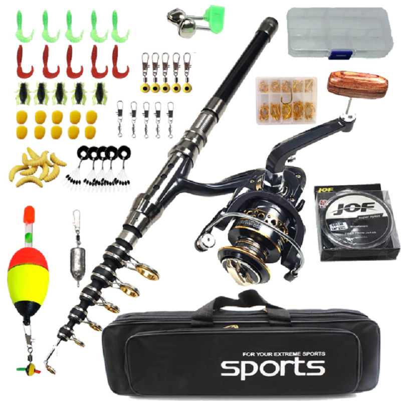 Men's carbon telescopic spinning fishing rod kit with reel, line, lures, and waterproof bag against a clean background.